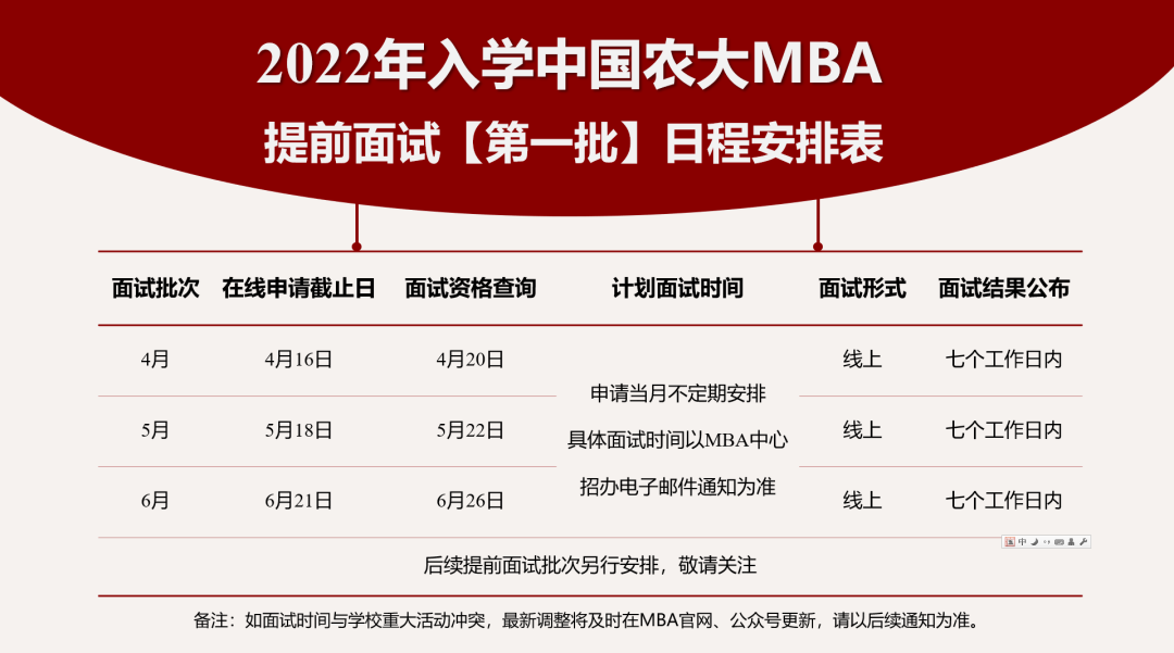 中国农业大学2022年入学mba提前面试时间安排